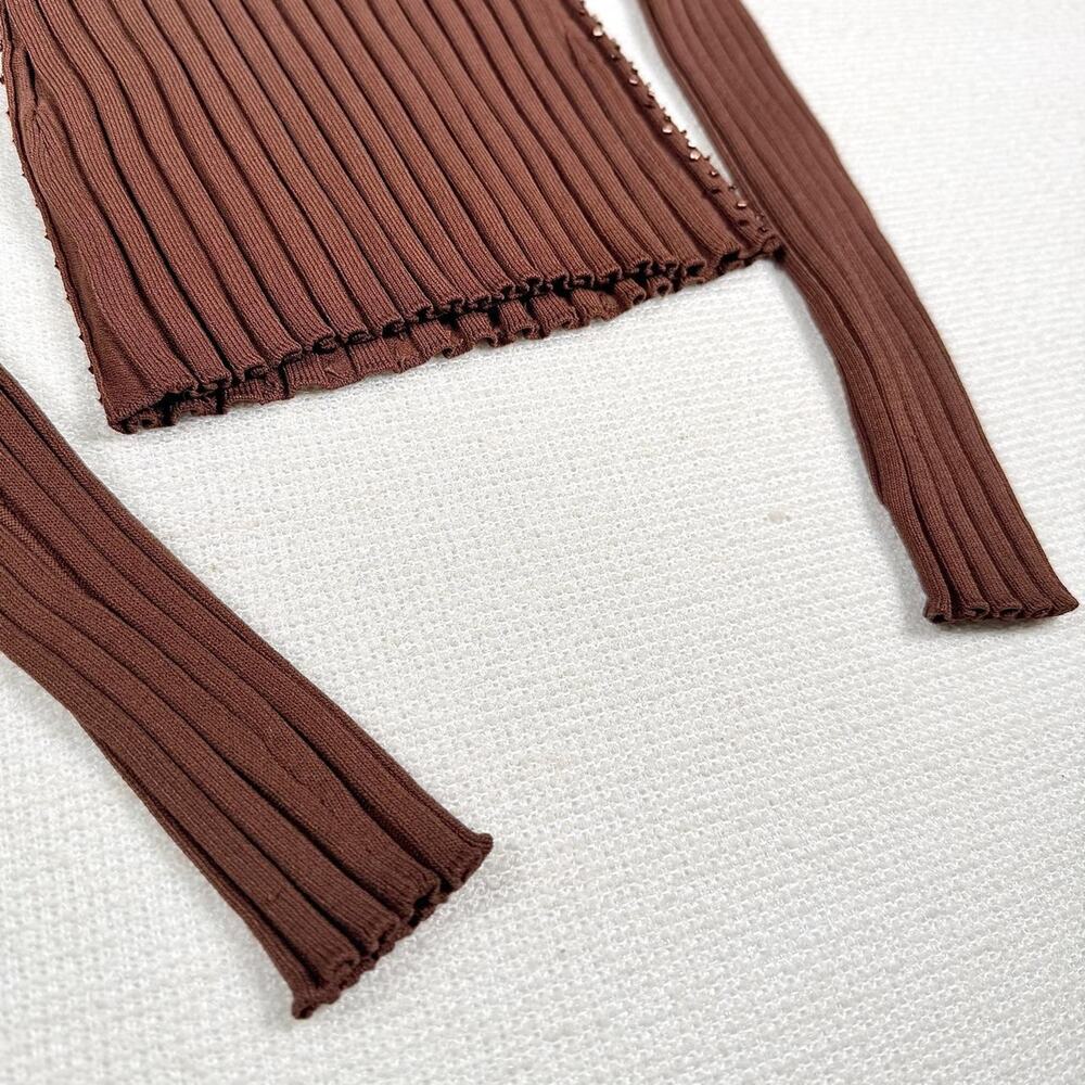 Cache Off Shoulder Ribbed Knit Top Brown Studded Stretch XS Y2K Metallic Trim EU - Picture 6 of 8
